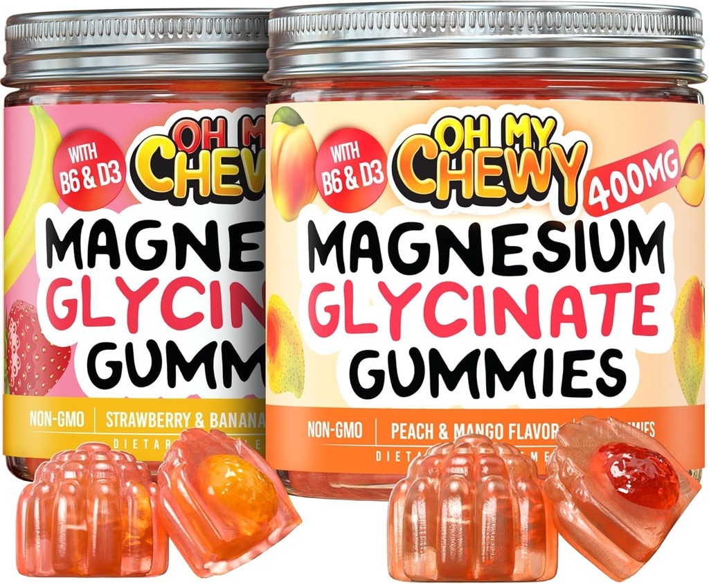 Magnezij Gummies paket – 2 steklenice (60 vsak) – Jagodna banana & Peach Mango