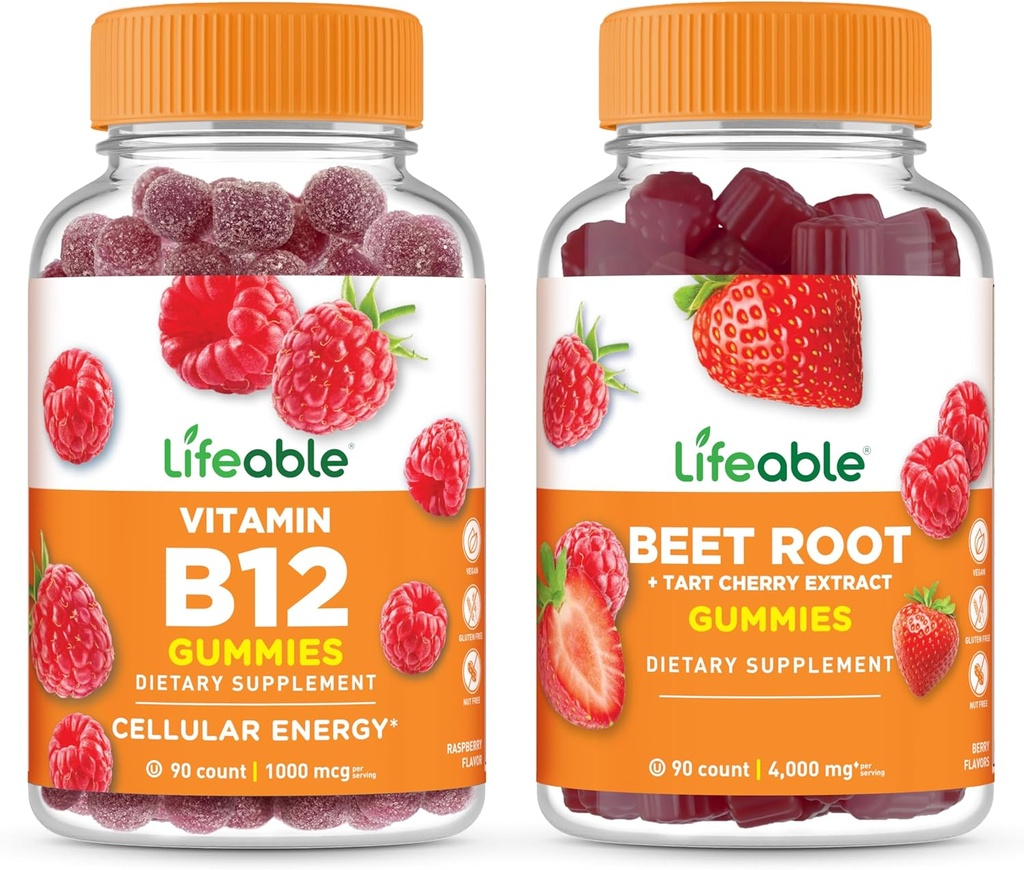 Življenjski vitamin B12 + koren pese, Gummies Bundle - odličen okus, Vitamin dodatek, Gluten brezplačno, GSO brezplačno, Žvečljiv