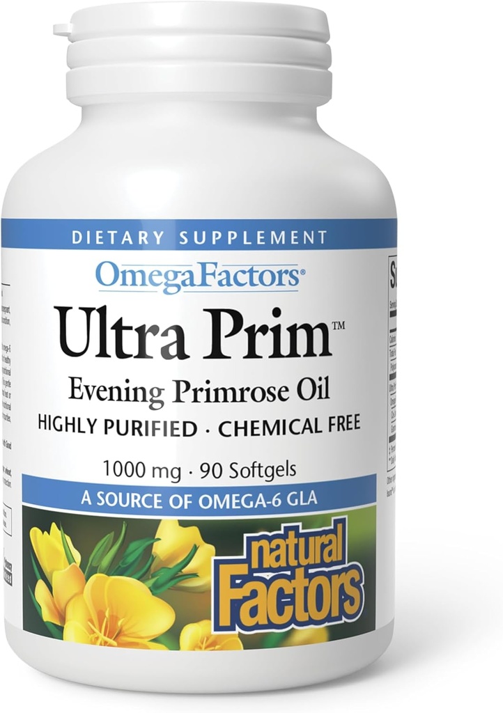 Naravni dejavniki Ultra Prim Evening Primrose Oil 1000mg, naravni vir Omega-6 GLA, 90 Softgels