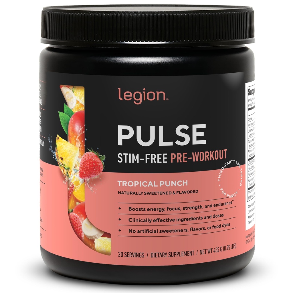 LEGION Pulse Pre Workout dodatek - Vse naravne dušikov oksid Preworkout pijača za povečanje energije, Kreatin brezplačno, naravno sladkan, Beta Alanin, Citrulin, Alpha GPC (Caffeine Free Tropical Punch)