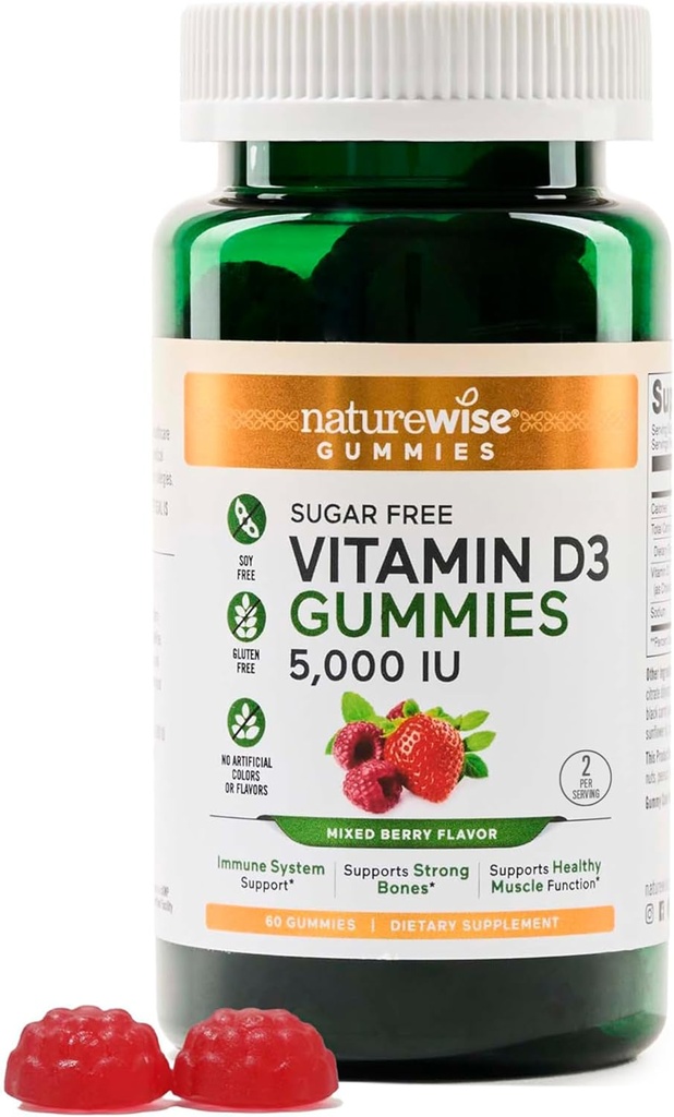 NatureWise Vitamin D3 5000 i.e. Gumiji - brez sladkorja mešane jagodne arome - vitamin D Gumiji za odrasle, podpira imuniteto, mišice in kosti moč - želatina-free, ne-GMO- 60 Gumies[1-mesečna zaloga]