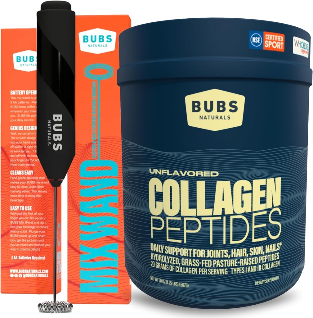 BUBS Naravne kolagen peptidi v prahu & mešanje Wand Bundle, kolagen za ženske in moške, hidrolizirani peptidi, nearomatizirana pasta dvignjena krma za travo, Keto prijazno, 20 oz Collagen Tub (28 strežb) +1 Wand