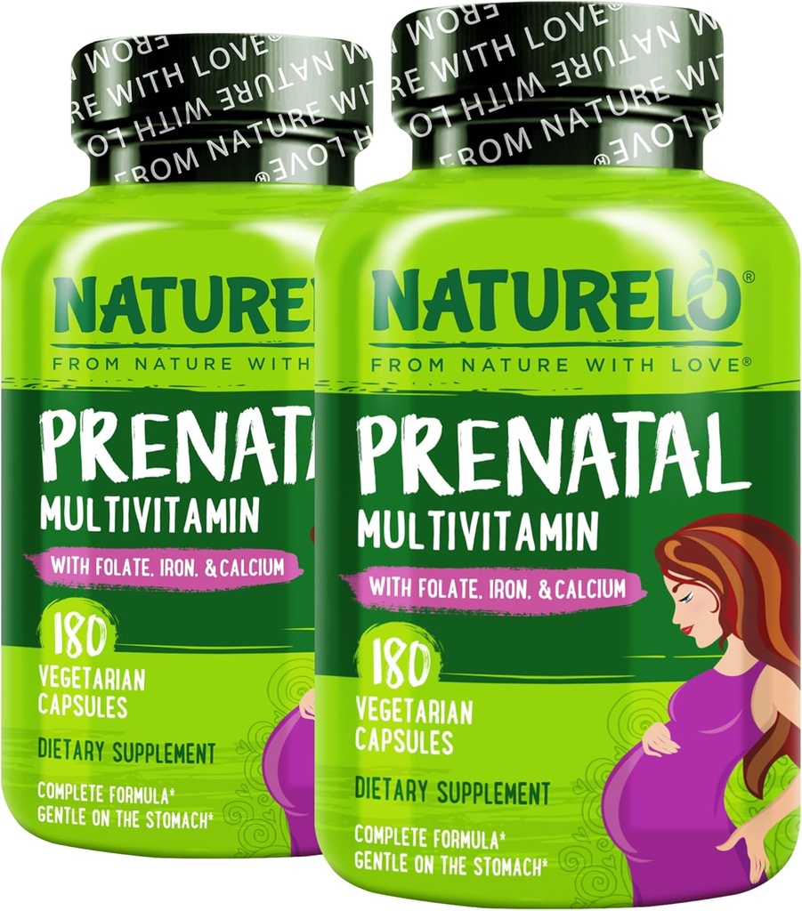 NATURELO Prenatalni multivitamin z nežnim keliranim železom, metil folatom, rastlinskim kalcijom in holinom - veganom, vegetarijancem - brez glutena - 180 kapsul - 4 mesečni odmerek (paket po 2)