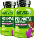 NATURELO Prenatalni multivitamin z nežnim keliranim železom, metil folatom, rastlinskim kalcijom in holinom - veganom, vegetarijancem - brez glutena - 180 kapsul - 4 mesečni odmerek (paket po 2)