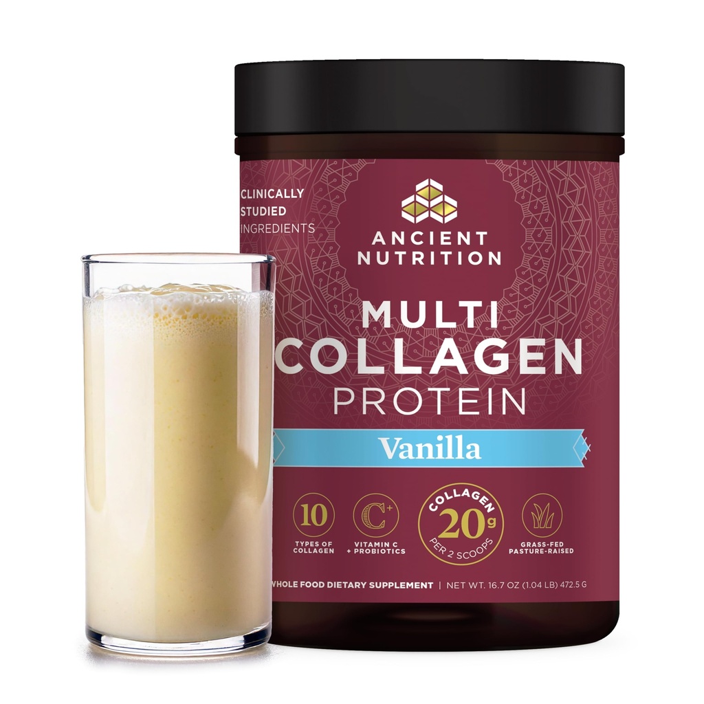 Ancient Nutrition Kolagen Peptides Powder, Multi Collagen Beljakovine, Ženske in Moški, Vitamin C, Probiotiki, Hidrolizirano Kolagen, Podpira kožo, Joints, Gut Health, Vanilla, 45 Servings