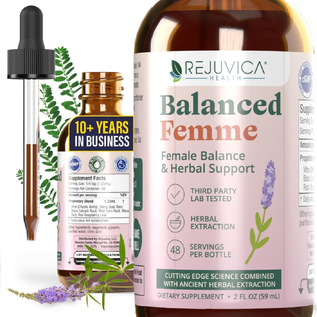 Rejuvica Health Balanced Femme - Napredna podpora za ravnotežje žensk - Tekočina za boljšo absorpcijo - Vitex, Dong Quai, Black Cohosh, Maca Wild Yam & More!