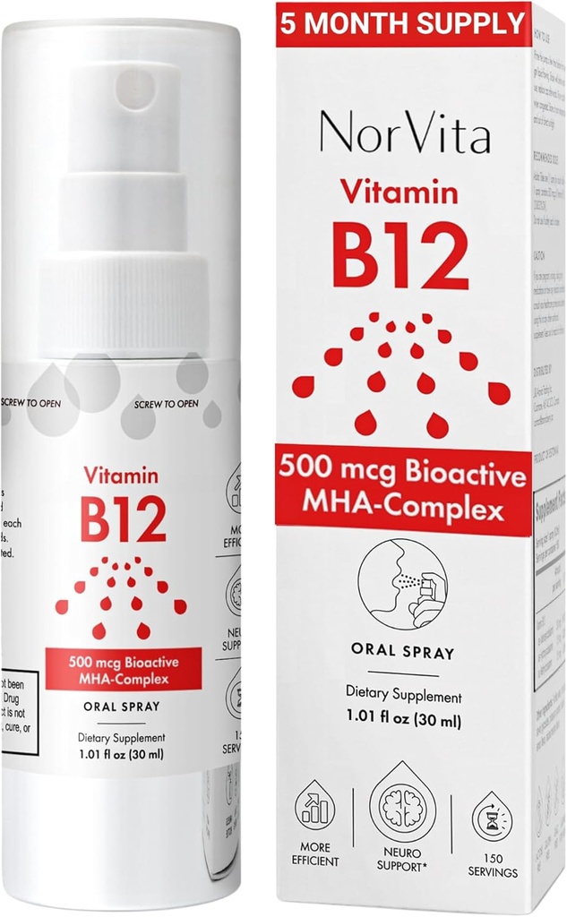 Vitamin B12 Spray 500 μg (150 servivov) - Kompleks MHA za hitro absorpcijo (metilkobalamin, hidroksikobalamin, adenozilkobalamin) - Vegan, ne-GMO, tekoči B12 dodatek