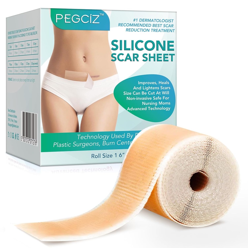 Silikonski trakovi za brazgotine, silikonski trak, silikonski listi za brazgotine, črtasti silikonski trakovi za obraz, akne, keloid, burns, stretch Mark, C-oddelek Kirurški brazgotine odstranitev (1,6" x 60"Roll-1,5M)