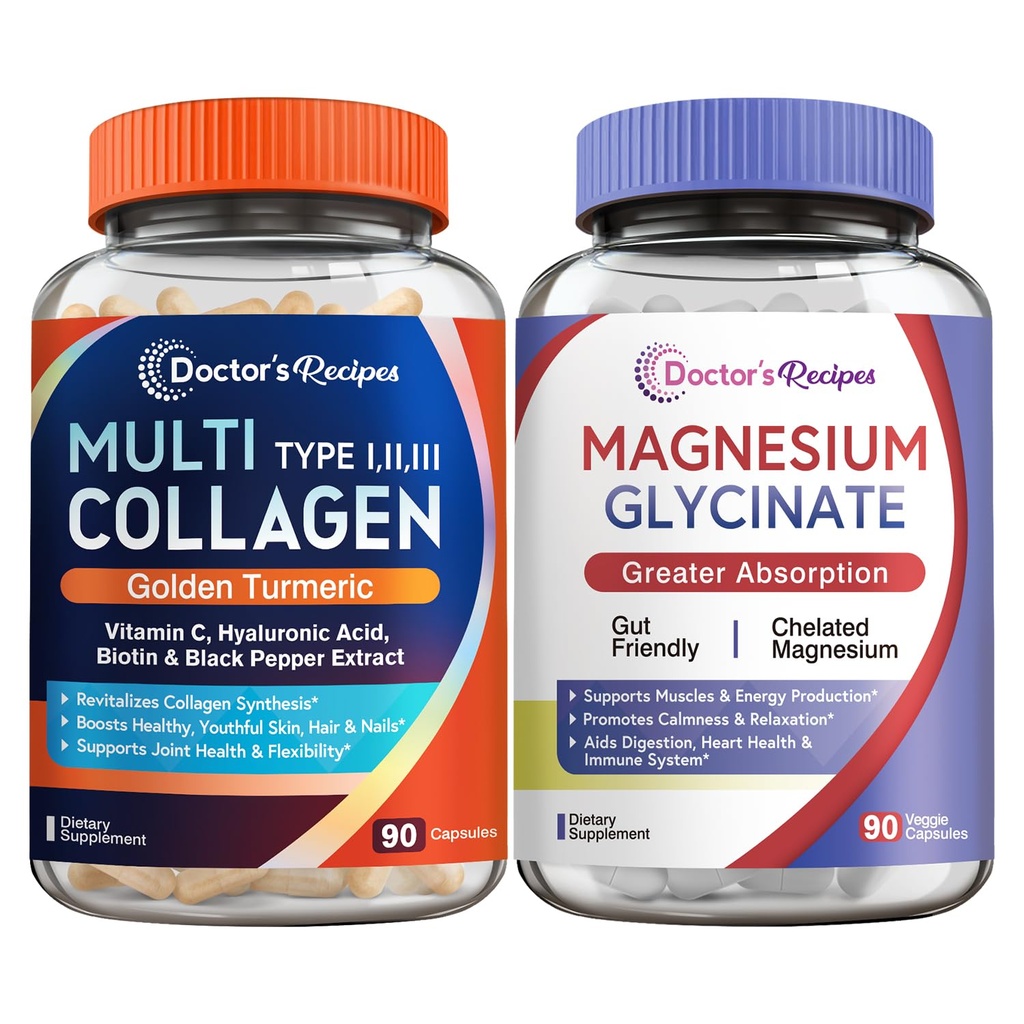 Zdravniški recepti Multi Kolagen kompleks & Magnezij Glicinat paket, Pomlajevanje celega telesa, Sprostitev & Relief, Kolagen Kapsule 90 ct & Magnezij Kapsule 90 ct