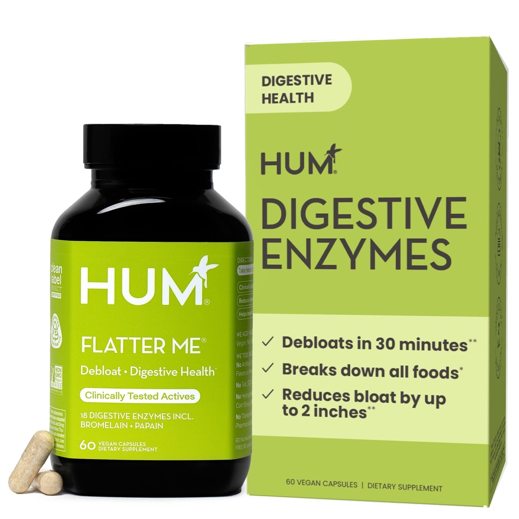 HUM Flatter Me Prebavne encimi za ženske in moške, Prebavne zdravstvene napihnjenost dodatek z Ginger & Peppermint Leaf, hitro deluje proti Bloat tablete Multi Enzyme za razgrajevanje, Vegan, 60 kapsul