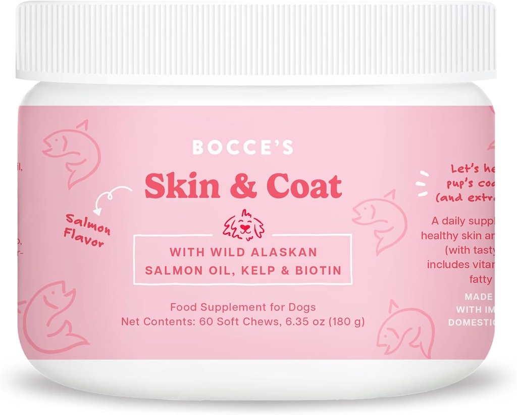 Bocce's Bakery Skin & Coat dodatek za pse, Dnevni Chews Made v ZDA z vitaminom E & Essential Maščobne kisline, Podpira zdravo kožo & Coat, Salmon, 60 ct, rdeče (DG-SP-SKIN60)