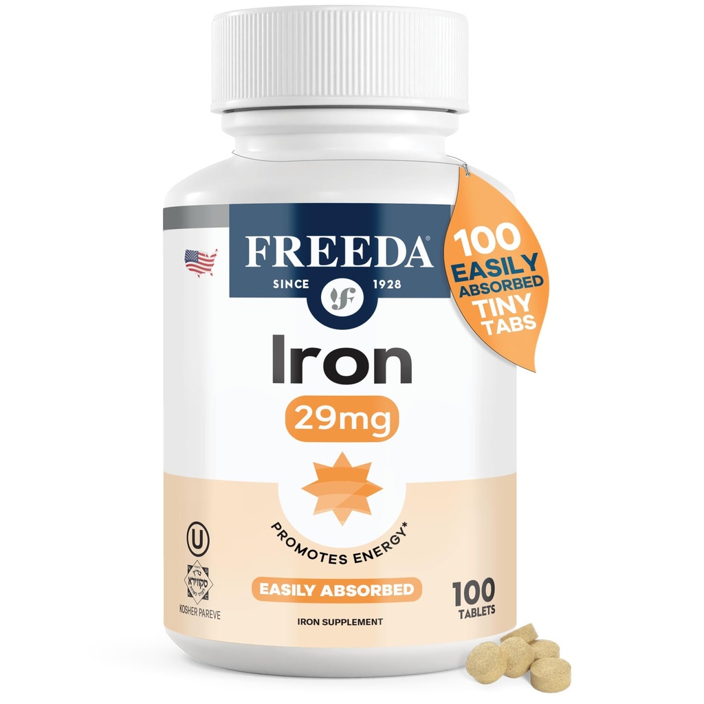 Freeda Ferrous Fumarate – Nežne železne tablete za podporo energetiki in rdečih krvnih celic, Kosher, Vegan, Easy-to-Shallow, Idealno za ženske in moške (100 tablet)