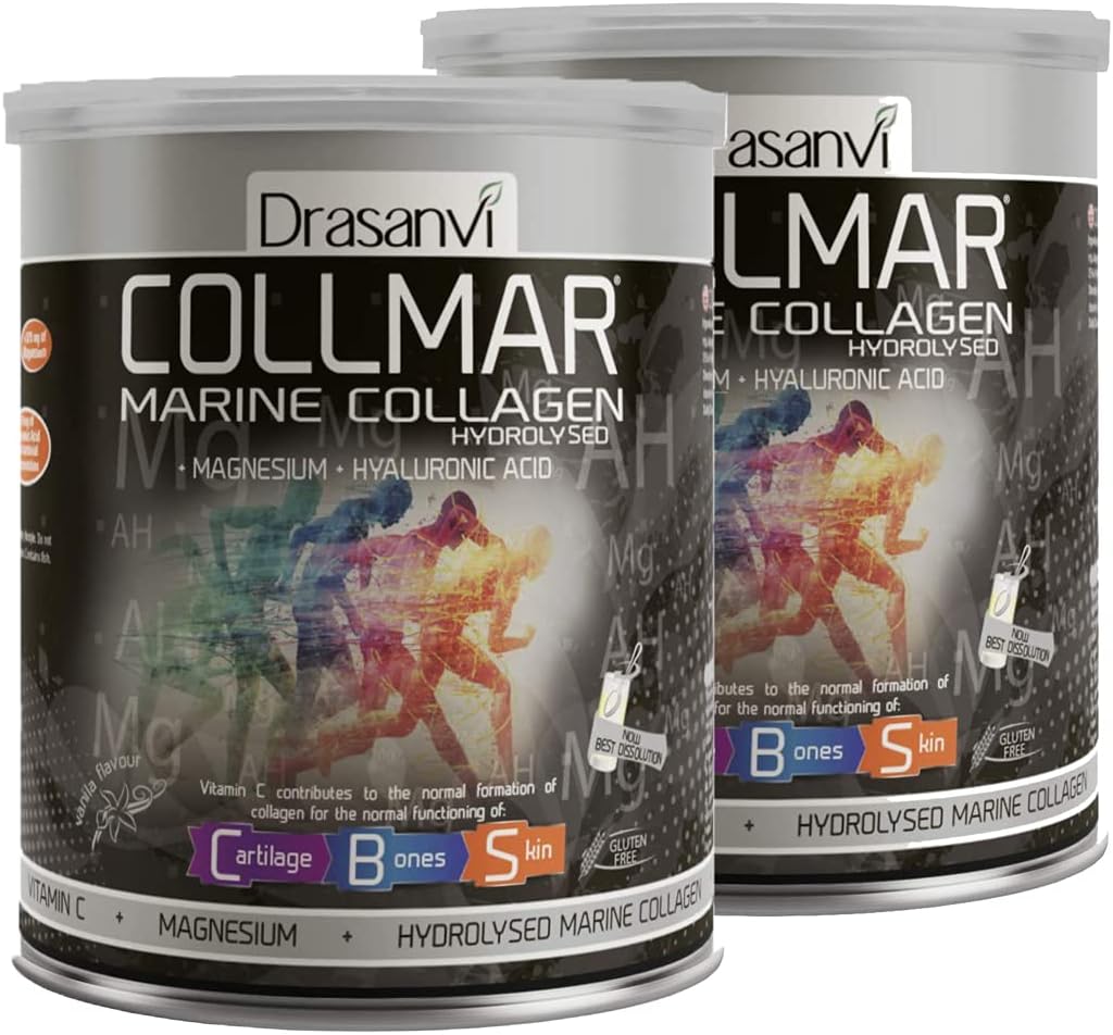 Drasanvi 2 Pack Collmar hidroliziran morski kolagen z magnezijem v prahu 300g Vanilla Flavor - španski dodatki za zdravo kožo kartilaže in kosti - pomaga zmanjšati utrujenost in utrujenost