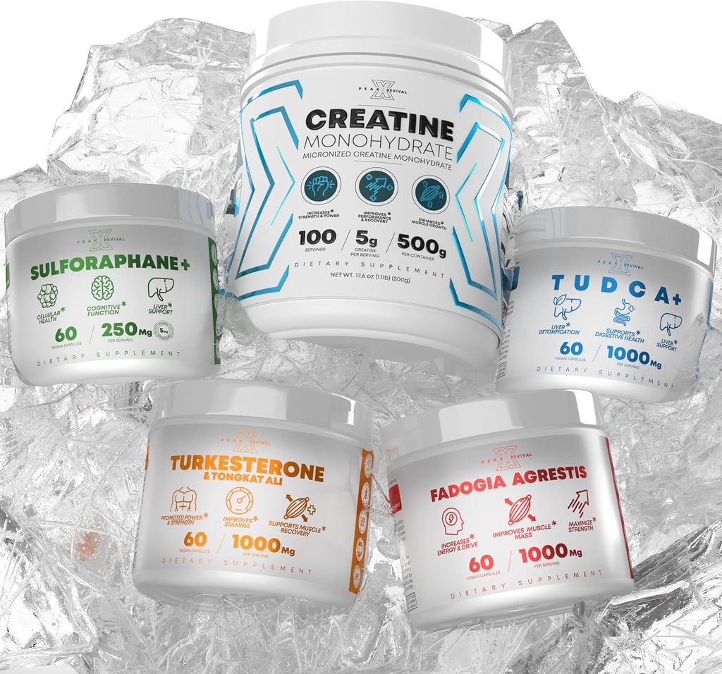 Bundle - Turkesterone & Tongkat Ali + Fadogia Agrestis + Kreatin + Sulforaphane + TUDCA - Pospeševanje rasti mišic, zdravja jeter, kognitivne funkcije in razstrupljanja - Made in USA