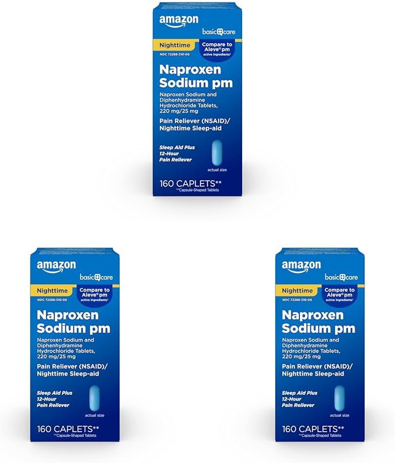Osnovna nega Vse nočne bolečine Relief PM, Naproxen natrij, 220 mg/difenhidramin hidroklorid, 25 mg tablete, bolečina Reliever / nočno spanje-Aid, 160 število (paket 3)