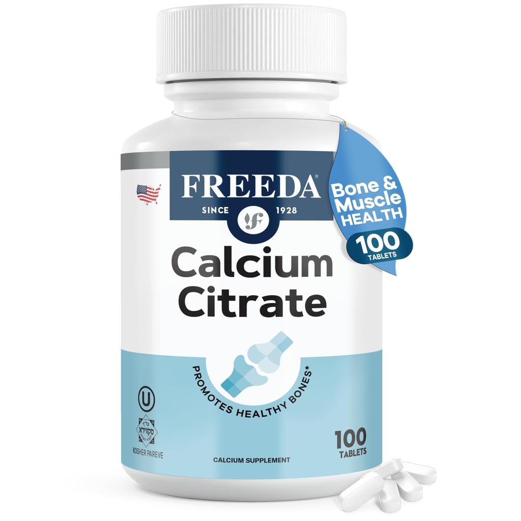 Freeda Kalcijev citrat – Kosher Vegan Bone Strength Supplement – Podpira gostoto kosti in mišične funkcije – kalcij 1000mg na odmerek – brez dodanega vitamina D – (100 tablet)