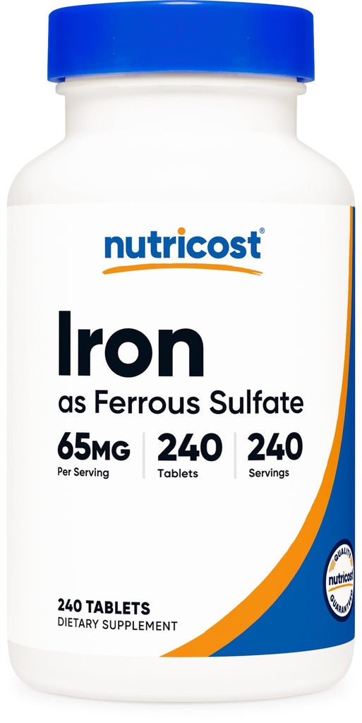 Nutricost železo (kot železov sulfat) 65mg, 240 Tablete - Ne- GMO, Gluten Free