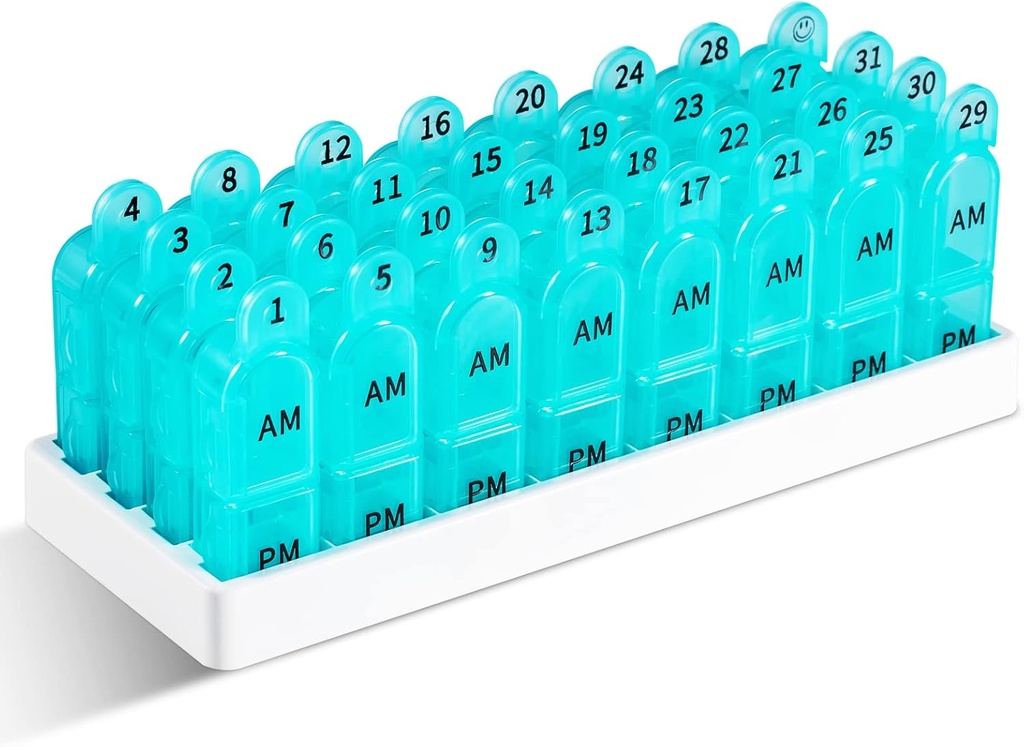 Daviky Mesečni tablete Organizator 2 krat na dan, 30 Day Pill Box AM PM z ločenim vsebnik, en mesec Medicine Primer dvakrat na dan, da imajo vitamine, dodatki in zdravila (Cyan)