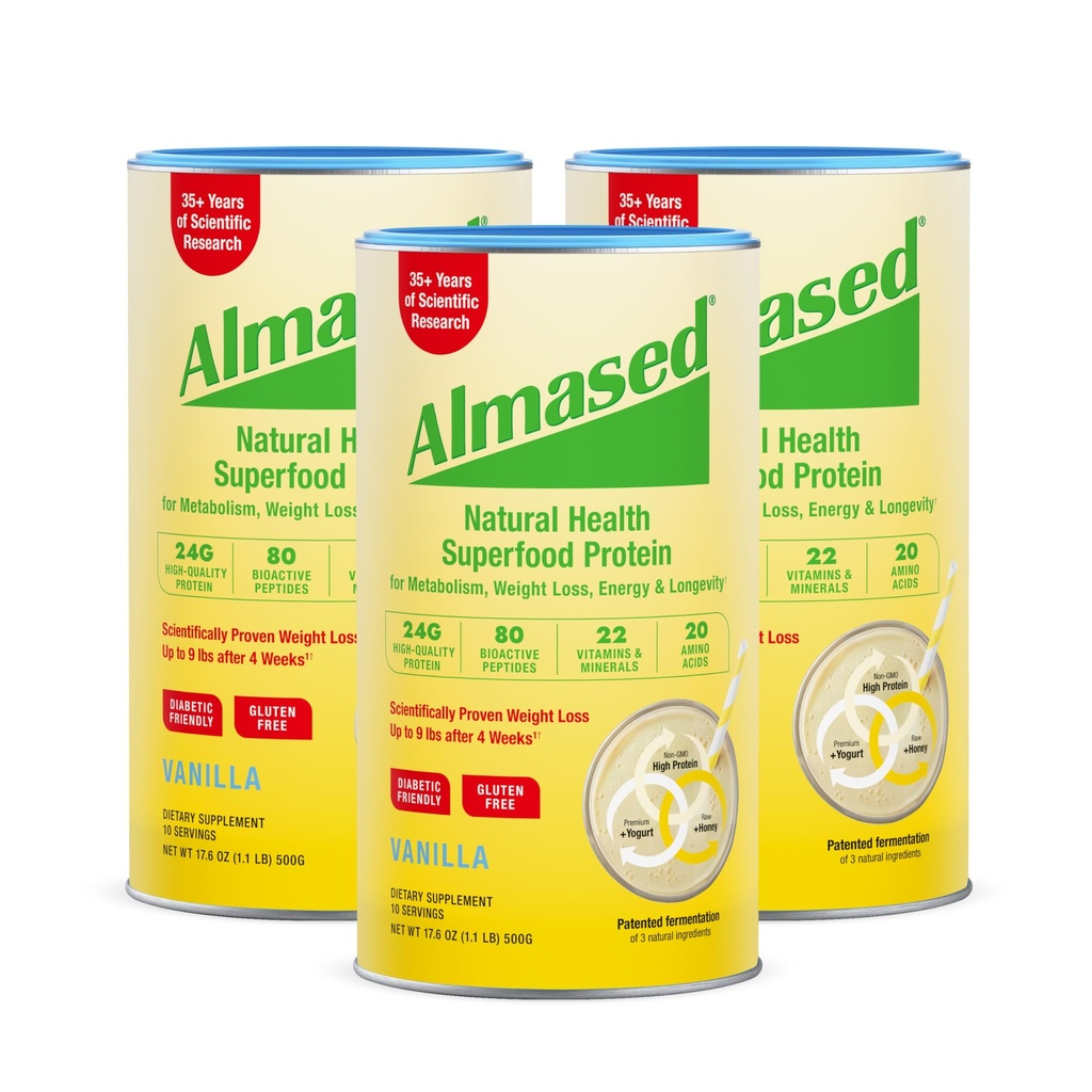 Almased Vanilla Meal Nadomestni Shake - Nizko-Glycemic High Plant Base Protein Powder- Nutrition Teža Health Support Supplement - Vanilla Flavor - 17,6 oz (1,1 Pound (3 Pack))