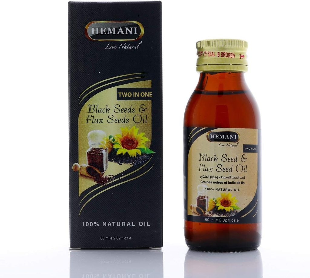 Hemani Cold-Presed črno seme in laneno olje mešanica 60ml- Gluten-free, ne-GMO, visoko v Omega 3, 6, & 9, podpira skupno, možgani, in srce funkcijo
