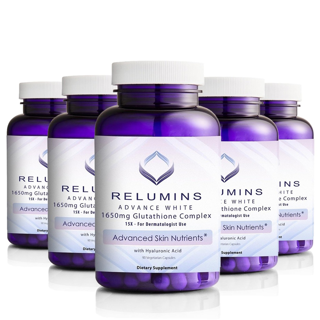 Relumini L-glutatione Complex 1650mg - Antioksidant Podpora z alfa lipojska kislina, NAC, L-Metionin, Vitamin E, Skin Health Supplement, Izdelano v ZDA - 90 Vegetarian kapsule x 5 steklenice