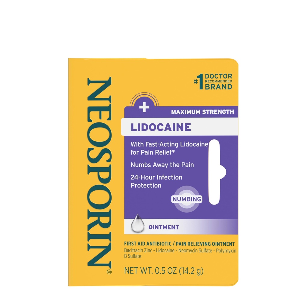 Neosporin + Lidokain Prva pomoč Antibiotično mazilo, Največja moč in hitro delujoče topične bolečine Reliever, 24-urna zaščita okužbe, ki Numbs proč bolečine, Bacitracin cink, 0.5 oz