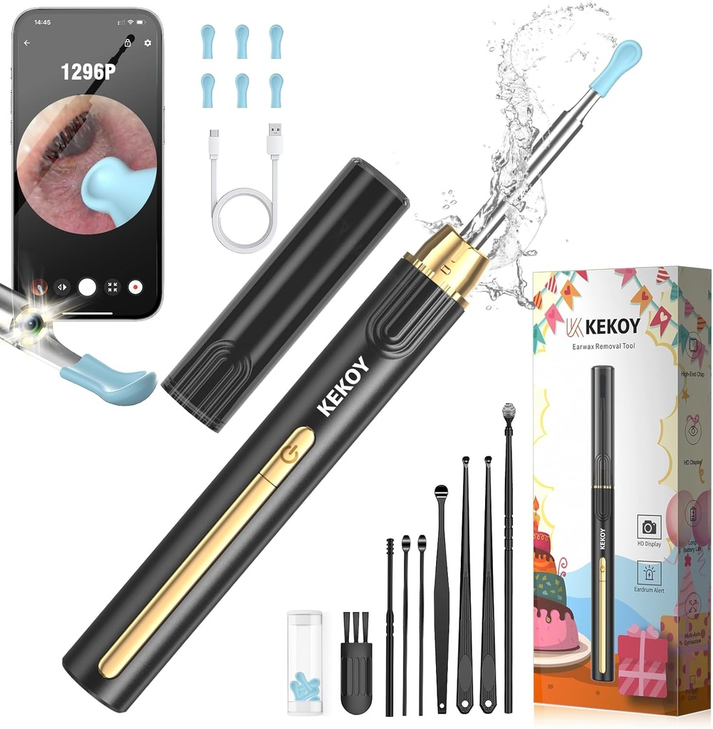 Kekoy Ear Cleaner s fotoaparatom za božič, 1296P HD Ear Wax Odstranjevalno orodje Kamera, WiFi Otoskop s svetlobo za čiščenje ušes, Uho Endoskop za iOS & Android, z 8 kosov Ear Set (Zlato)