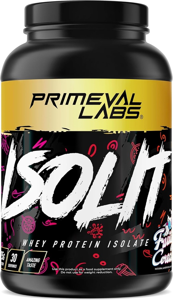 Primarni laboratoriji ISOLIT - Whey Protein Powder, 100% sirotkin izolat, 25 g beljakovin, BCAA, hitro absorbiranje, enostavno prebavljanje (Fruity Cereal, 2lb)