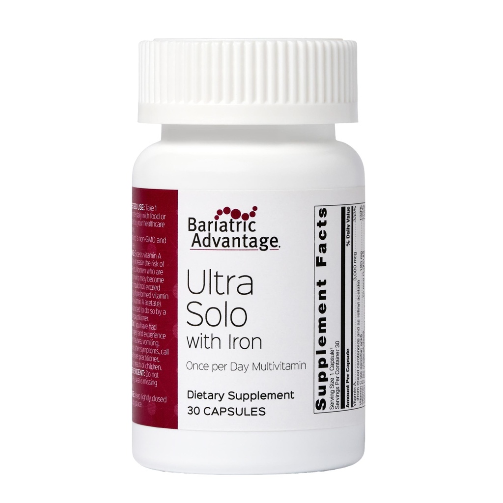 Bariatric Advantage Ultra Solo z železom - enkrat na dan - dnevni multivitamin - za bariatrske bolnike - s tiaminom, vitaminom A & več - brez glutena - 30 kapsul