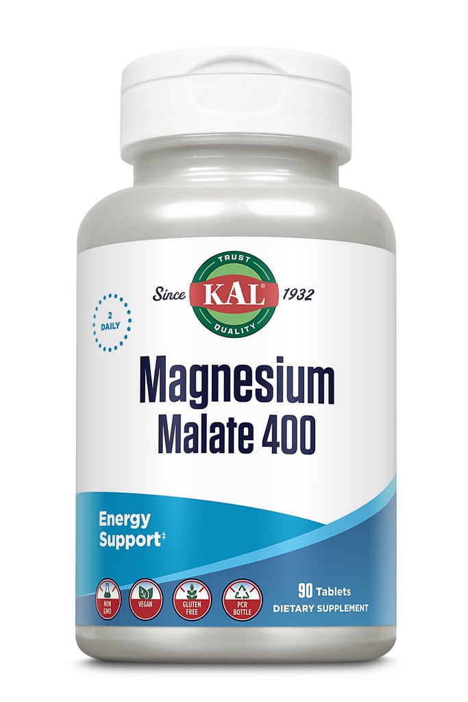 KAL Magnezijev malat 400mg, kelirani magnezijev dodatek z jabolčno kislino, zdravo energijo in mišično funkcijo podpora, okrepljena absorpcija, Vegan, Non-GMO, 45 Serving, 90 Veg Tabs