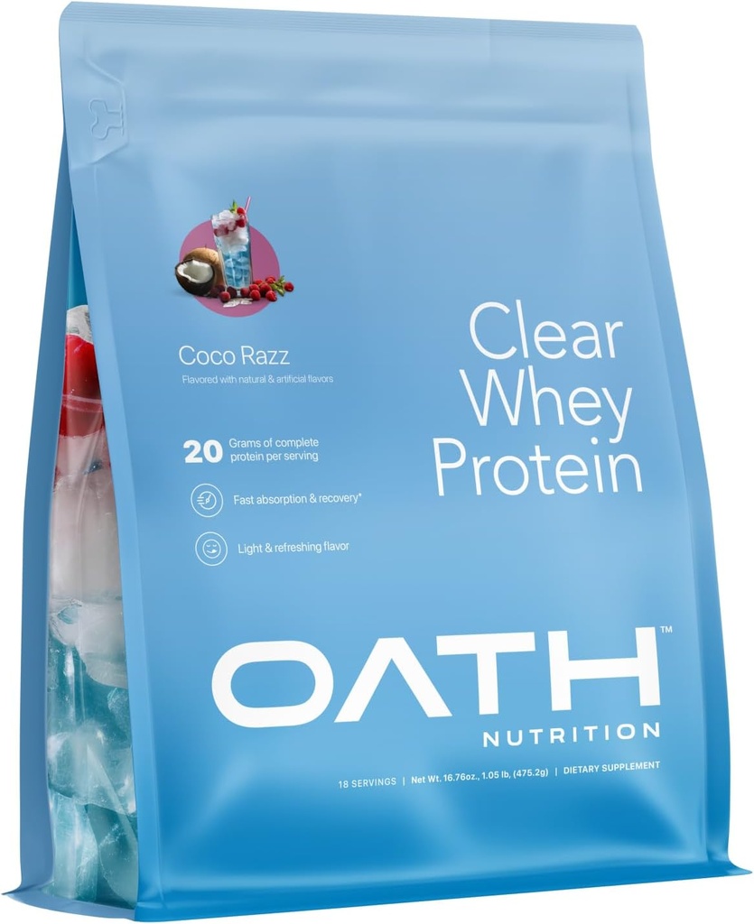 Oath Nutrition Clear Whey Isolate Protein Powder, Coco Razz, 20g Popolne beljakovine na strežbo, Brez dodanega sladkorja, Grass-Fed, 18 Strežnice