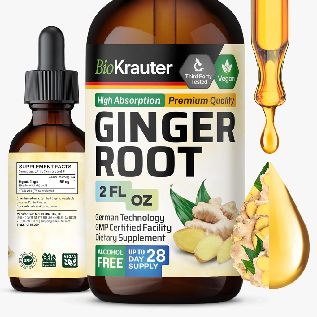 BIO KRAUTER ingver koren ekstrakt - naravni ingver dodatki za splošno Wellness - alkohol in sladkor brez - Veganske kapljice 2 Fl.Oz.