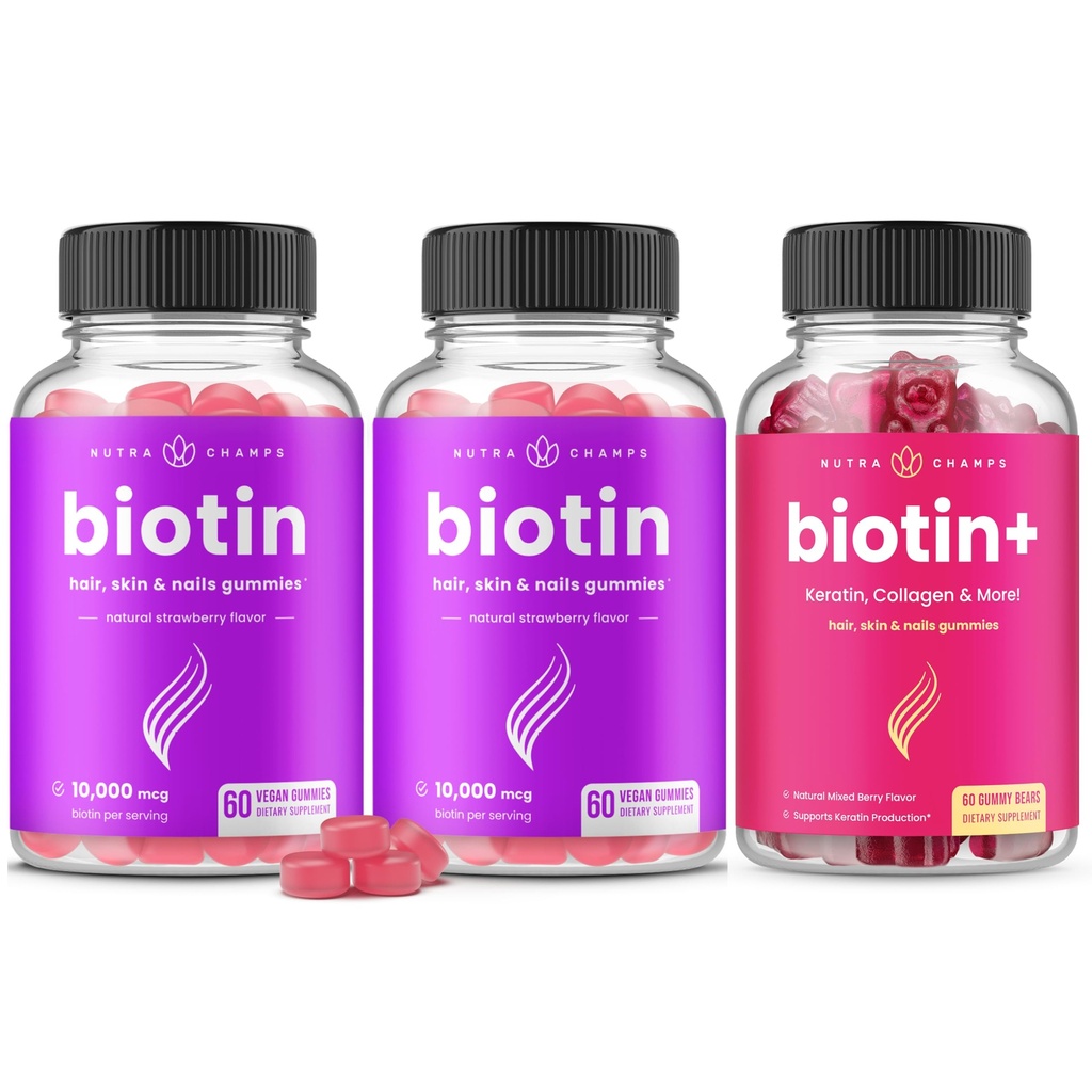 NutraChamps Popolna Biotin paket za lase, kožo in nohte. 2 pakiranji Biotin in Biotin+