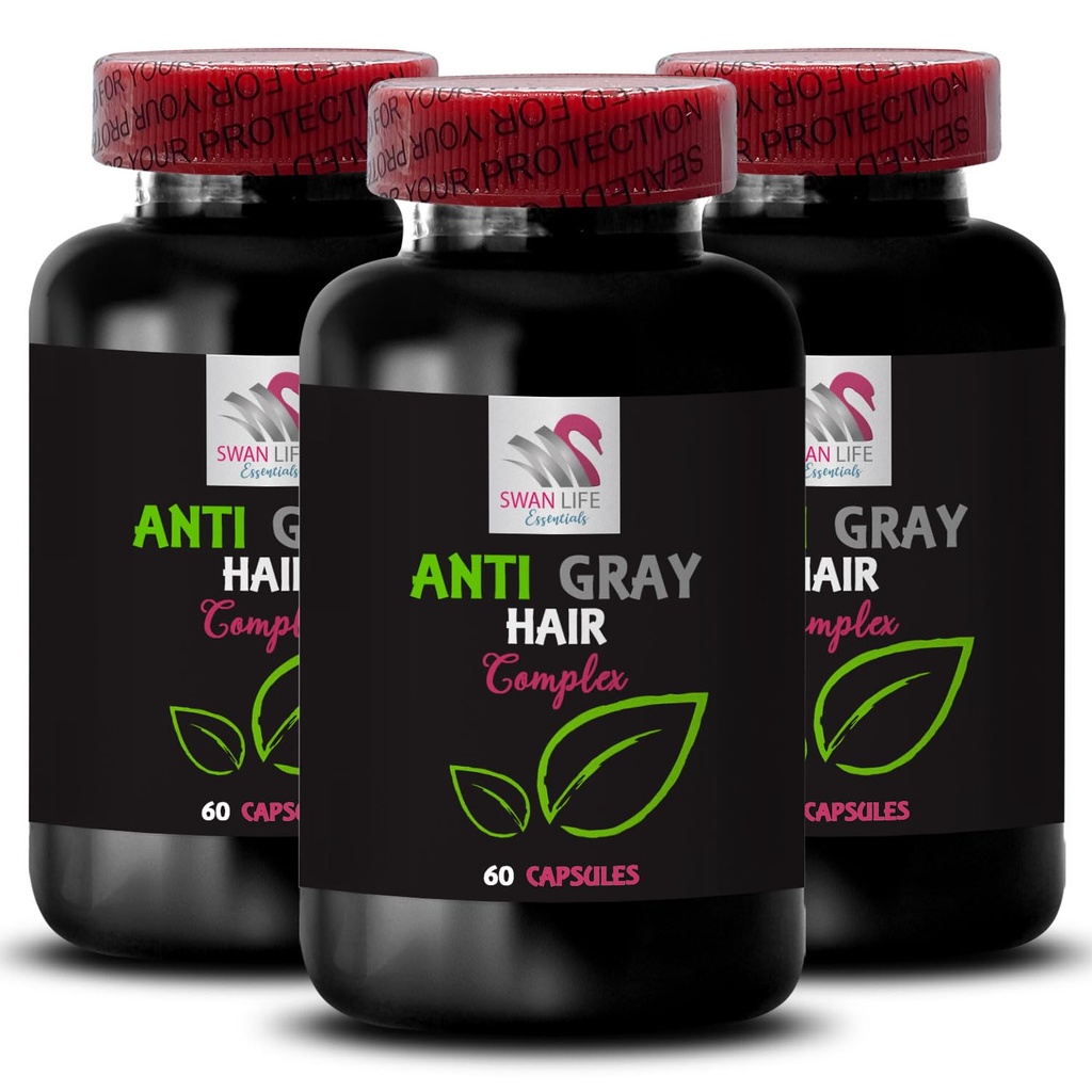 Anti sive lase kapsule - ANTI GRAY HAIR COMPLEX - Vibrant barva, Siva rešitev za lase, Barva ponovno prebudil, Naravni ton, Lasje pigment oživitev, Svež ton, Siva podpora las 3 steklenice 180 Kapsule
