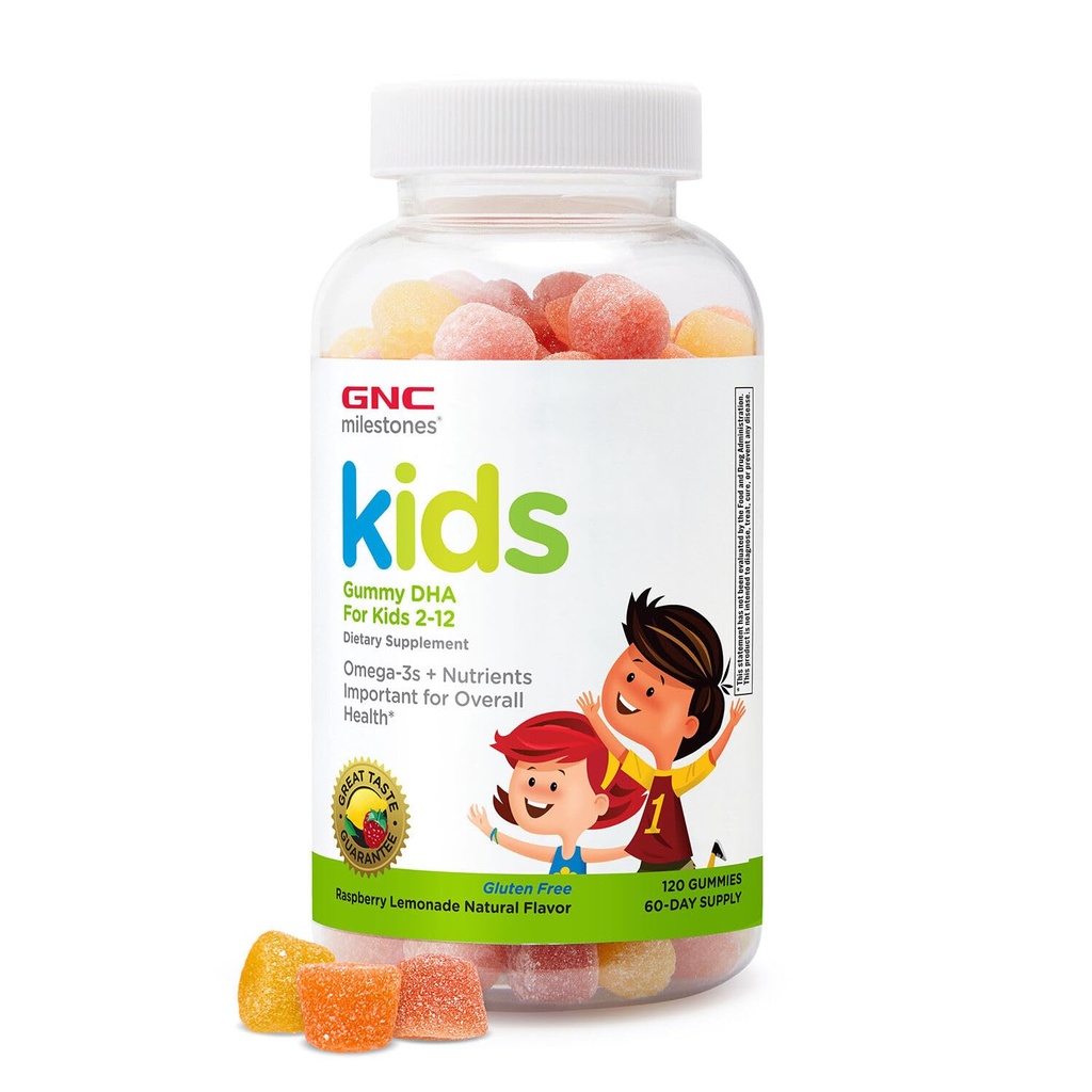 GNC Mejniki Otroci DHA Gummies, Otroci Starost 2-12, Omega-3s, Omega in možganske funkcije in razvoj, Vitamin A & D, Zdravi zob in kosti, Gluten brezplačno, Brez umetnih arom, Raspberry Lemon, 120 Gummies