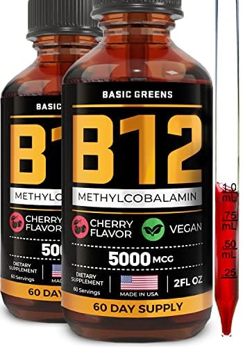 Vitamin B12 Podjezične tekoče kapljice 5000 μg – Vegan metil B-12 Dodatek za energijo in fokus – B 12 Vitamin za ženske in moške – hitra absorpcija Metilkobalamin – 120 Serving – 4 fl oz