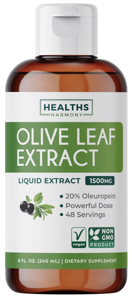 Olive Leaf Extract (ne-GMO) Super Jakost: 20% Oleuropein - 1500mg - Vegetarian - Imunska podpora dodatek, zdravje kože, in močan antioksidanti dodatek - Tekoči ekstrakt - 8 Fl Oz
