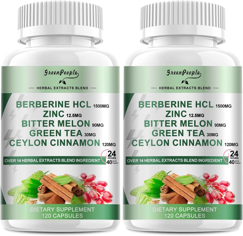 GREENPEOPLE Berberine dodatek s Ceylon cinamon - 120 Count Berberine 1500mg Berberine HCL Kapsule z Bitter Melon / Artichoke ekstrakti in naravnih zelišč za imuno podporo 2 paket