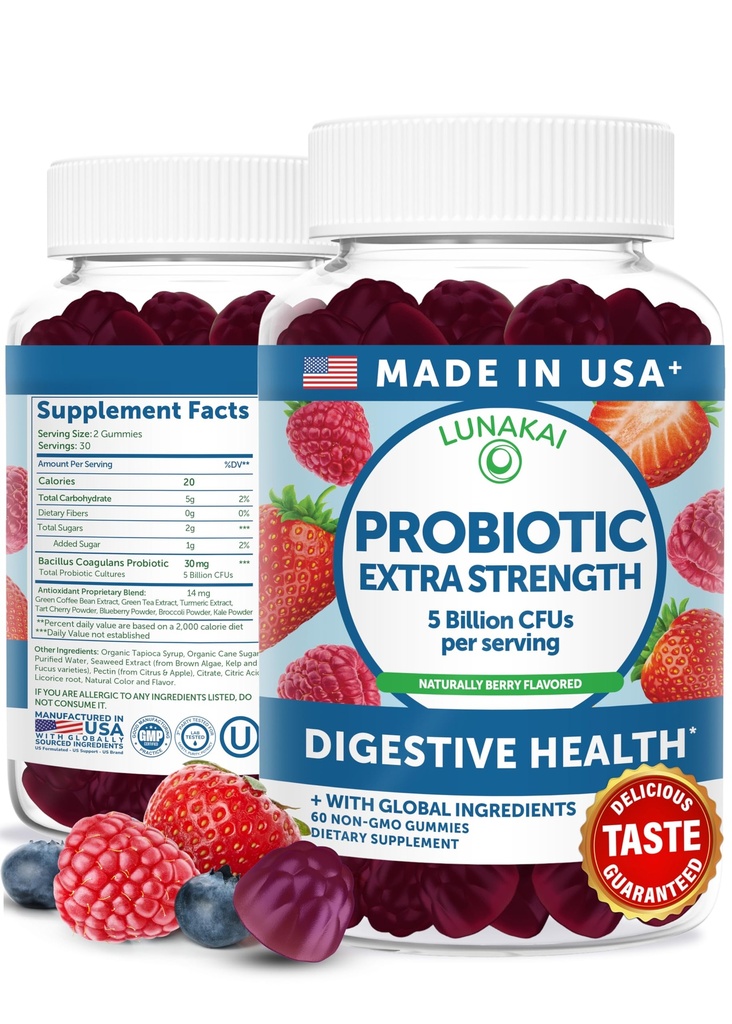 Lunakai ZDA Made Probiotic Gummies - 5 milijard CFUs, Vegan, Non-GMO, Gluten-free - Prebavna in Imunska podpora za ženske in moške - 60 žvečljivih gumijev