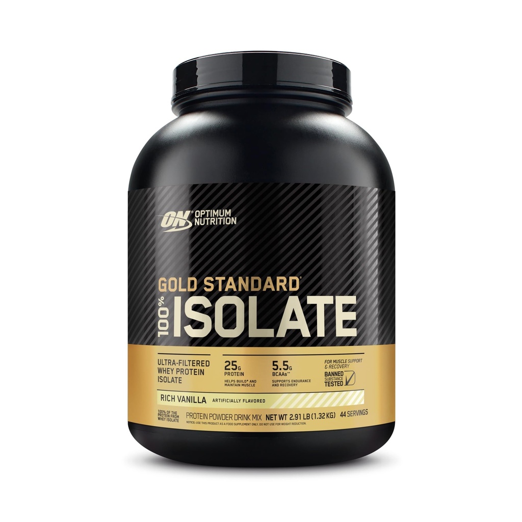 Optimum Nutrition Gold Standard 100% izolat, Beljakovinski prah, bogata vanilija, 2,91 funtov, 44 servingov. Izolat sirotkinih beljakovin (maja vrečka)
