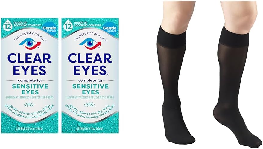 Clear Eyes Občutljive kapljice za oči 2 Pack & Truform Sheer Kompresija Nogavice Ženske koleno Visoka 20 Denier črna Medij