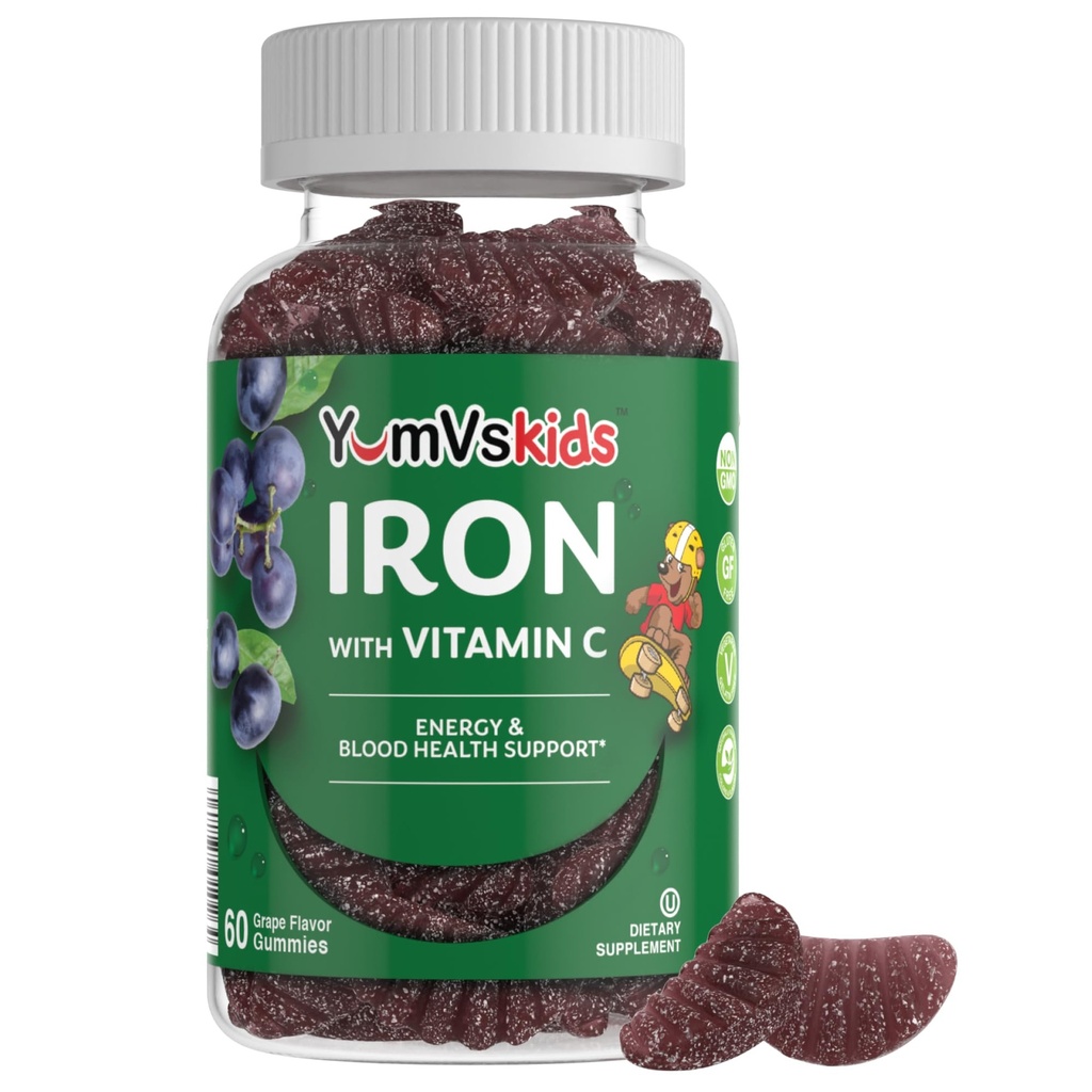 Železo dopolnilo za otroke – 5 mg Kids Gumies z vitaminom C – Great-Tasting Gummies Grape Flavor – Podpira Imunsko zdravje in pomaga pri pomanjkanju železa – Vegan, Košir, Non-GMO – 60 Count