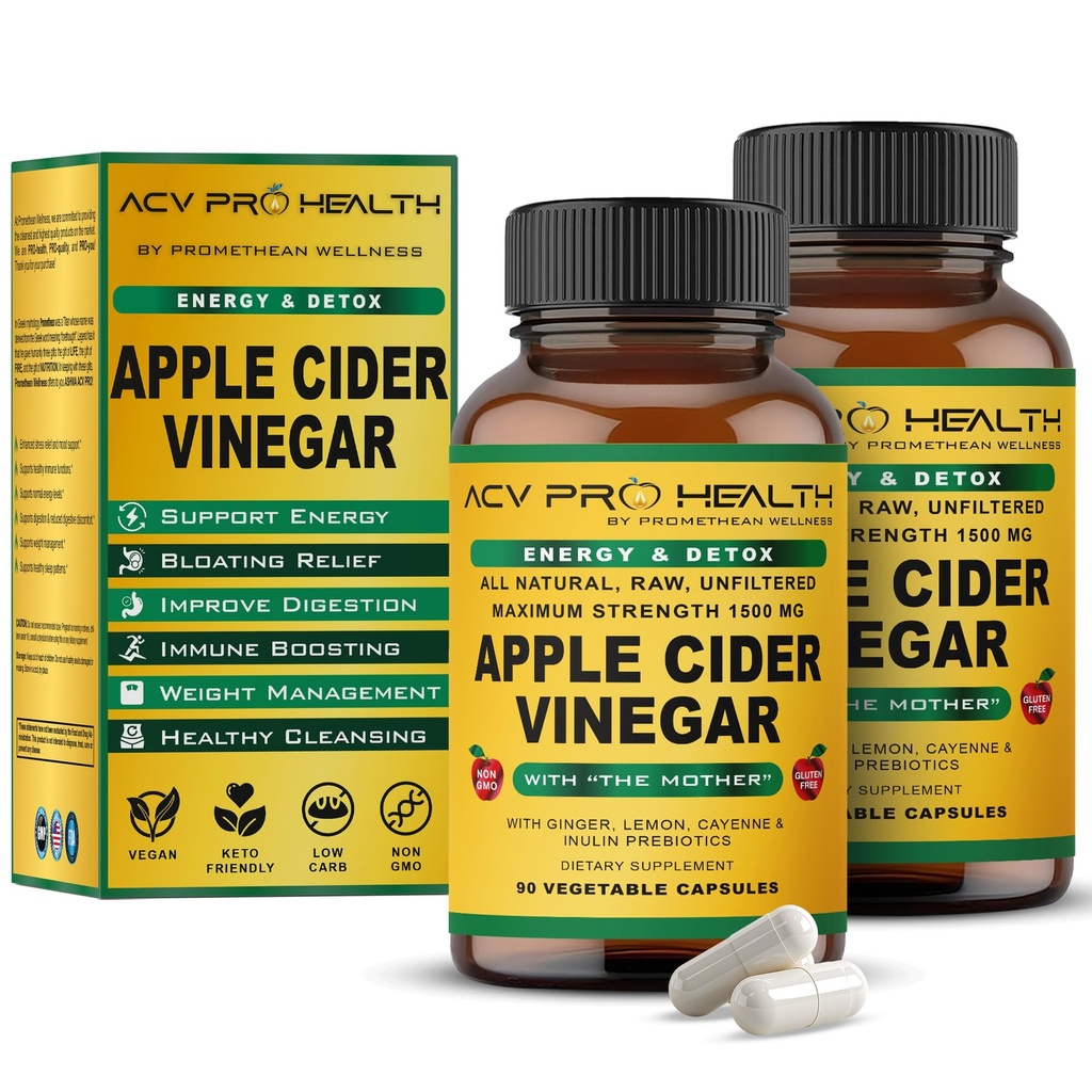 2-Pack ACV Pro Apple Cider Vinegar Kapsule Certified Organic z mamo ACV Tablete Detox Čistite kisline Reflux Podpora Relief dodatek Ginger Root Cayenne Pepper v prahu