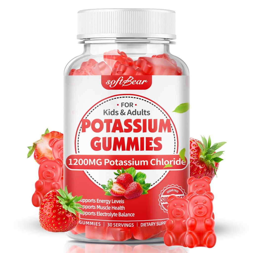 mehkega medveda Kalijeve žvečilke za odrasle, brez sladkorja Kalijev klorid Gumies 1200mg podpora noge Cramps & elektrolitsko ravnovesje visoka moč Kalijev dodatek, jagode aroma 60