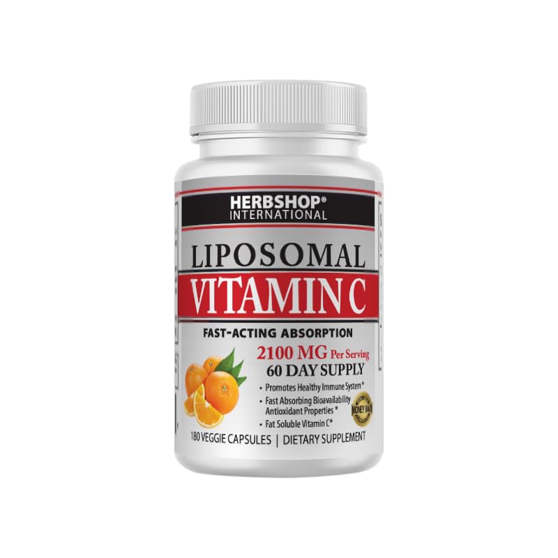 Zdravnikova mešanica Herbshop International Liposomal Vitamin C Kapsule, 2100 mg, visoka absorpcija, topen v maščobi, sončnični lecitin, 180 kapsul, 60-dnevna oskrba, Premium Wellness dodatek