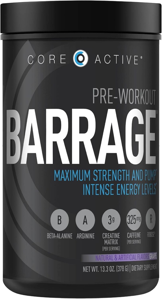 Barrage Pre Workout Powder - Preworkout za ženske in moške, Kreatin Powder, Beta Alanine, Agmatine Sulfat, & Kofein - Muscle Builder za moške z intenzivno energijo - Grozdje (30 strežnice)