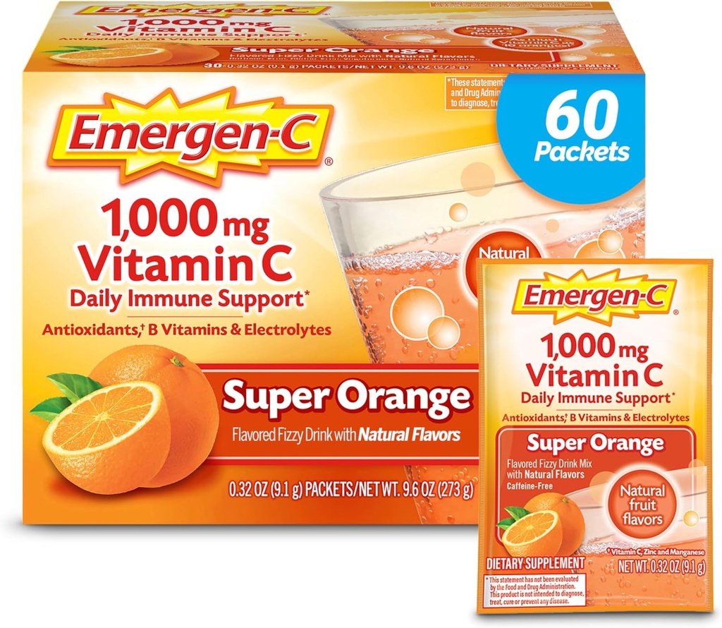Emergen-C 1000mg Vitamin C Powder za dnevno imuno podporo Kofein Brez vitamina C Dodatki z cinkom in manganom, B Vitamini in elektroliti, Super Orange Flavor - 60 Count/2 Mesec dobave