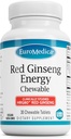 EuroMedica Red Ginseng Energija - Dodatek za podporo zdrave energije in fokus - Zeliščni dodatek s korejsko rdeče ginseng Root Powder - Veganske tablete za pomoč zdravo vzdržljivost - 30 žvečljive tablete