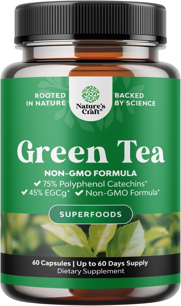 Ekstrakt zelenega čaja - 500mg Pure Leaf Green Tea Caffeine Supplement - EGCG, izvleček kofeina in polifenoli Dodatek za zdravo presnovo Podpora za ženske in moške - naravno razstrupljanje - 60 Count