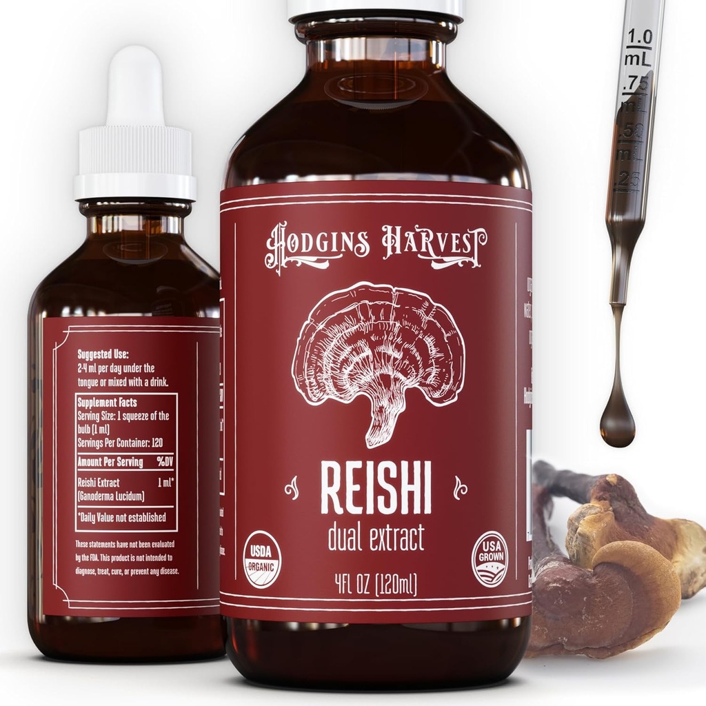 Hodgins Harvest Organic Reishi Gobe Izvleček tinkture - ekstra koncentriran dvojni ekstrakt dodatek - Podpira zdravje srca in dobro počutje - USDA Organske gobe - 4 oz